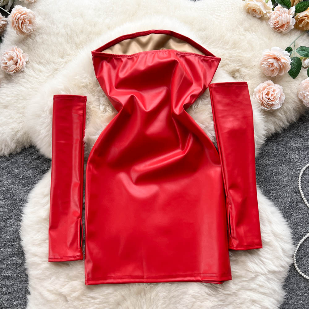 Off-shoulder PU Dress with Outer Sleeve