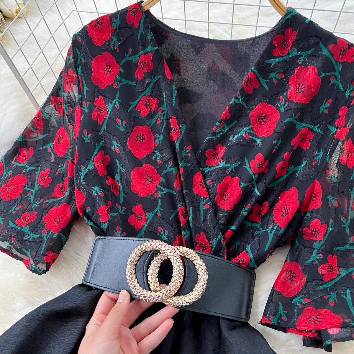 V-neck Floral Patchwork Black Dress