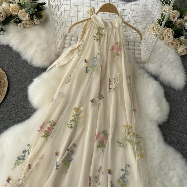 Fairy Floral Embroidered Halter Dress