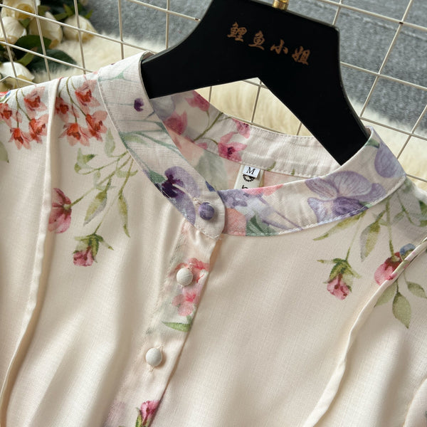 Vintage Flared Sleeve Floral Shirt Dress