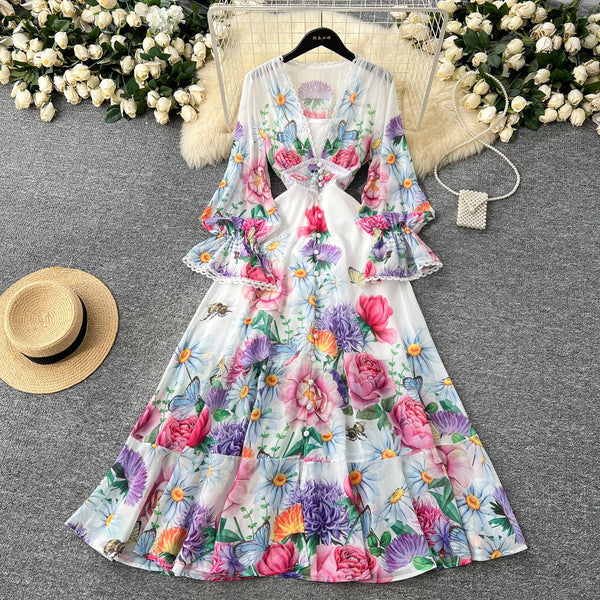 Deep V-neck Ruffled Floral Dress