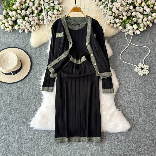 Cardigan&Vest Dress Color Blocking 2Pcs