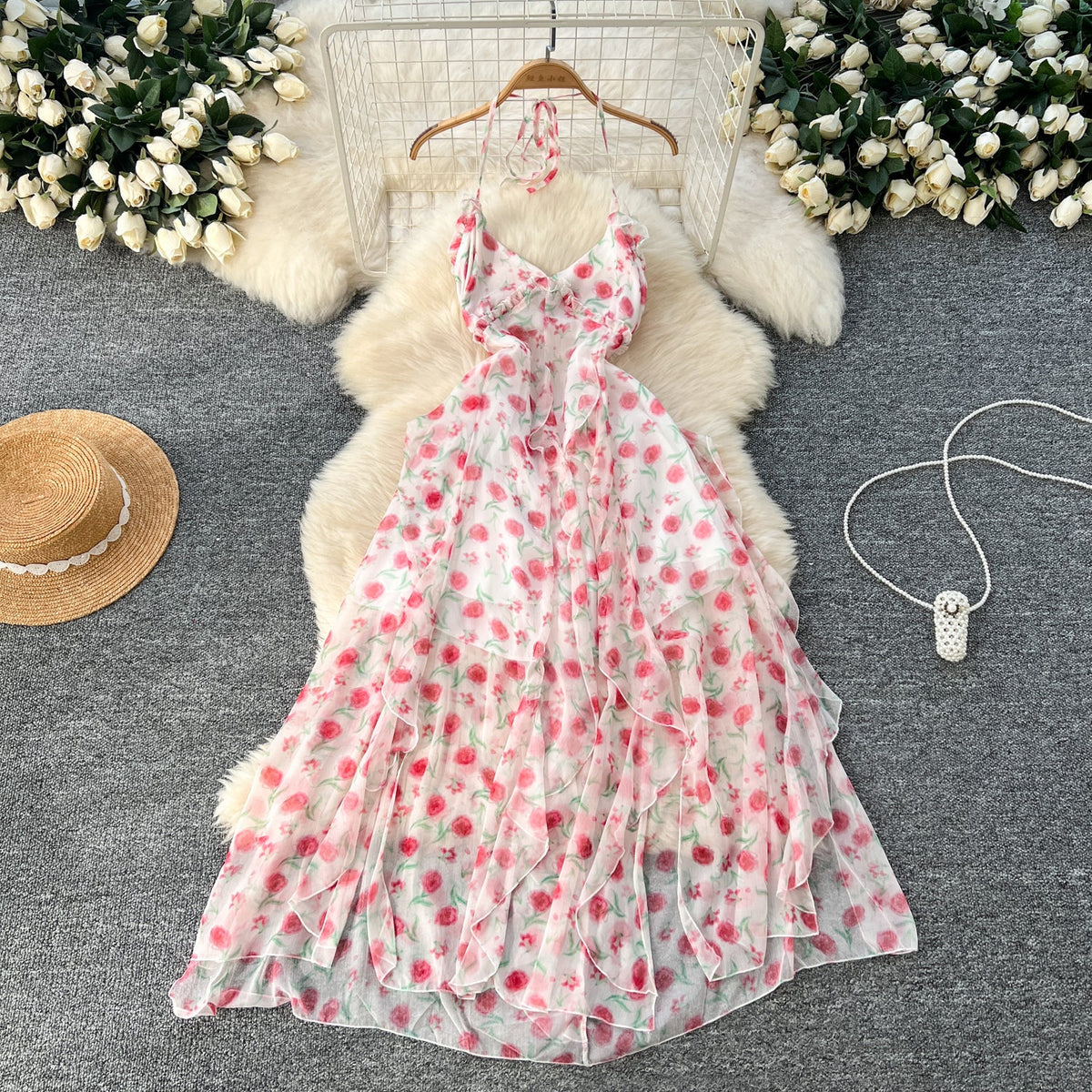 Irregular Design Fairy Floral Halter Dress