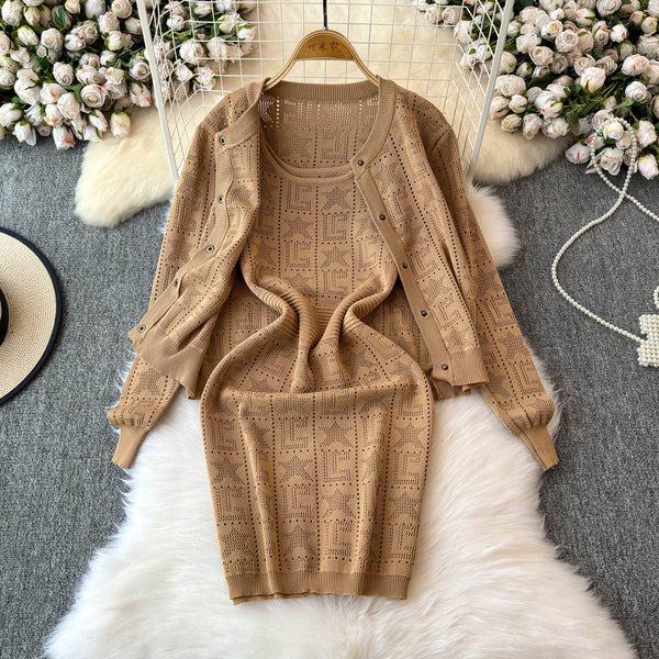 Cardigan&Slip Dress Printed Knit 2Pcs