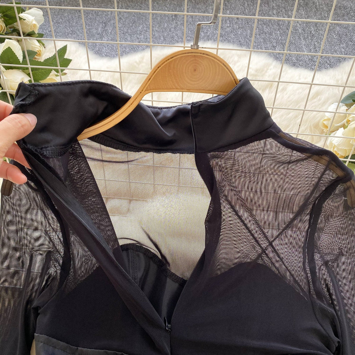 Mesh Patchwork Puffy Black Dress