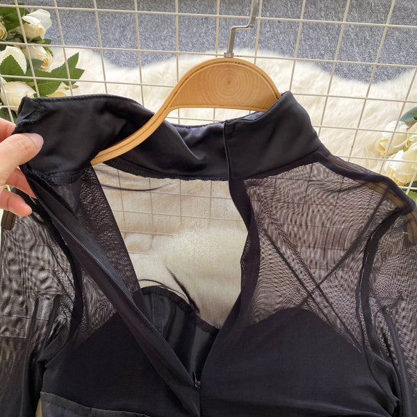Mesh Patchwork Puffy Black Dress