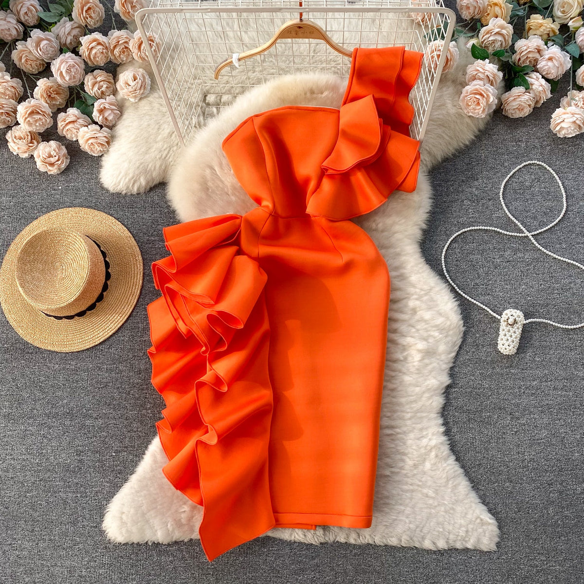 Asymmetric Ruffled Solid Color Dress