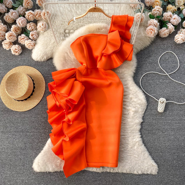 Asymmetric Ruffled Solid Color Dress