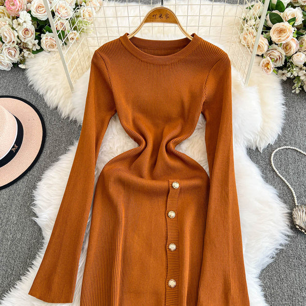 Round Collar Split Stretchy Knitted Dress