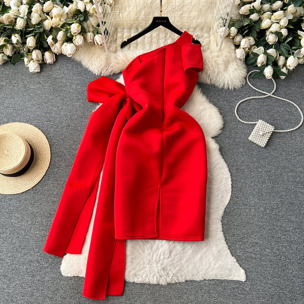 Slant Neckline Large Bow Dress