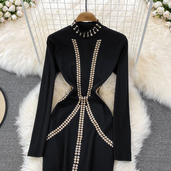 Vintage Rhinestone Studded Elastic Dress