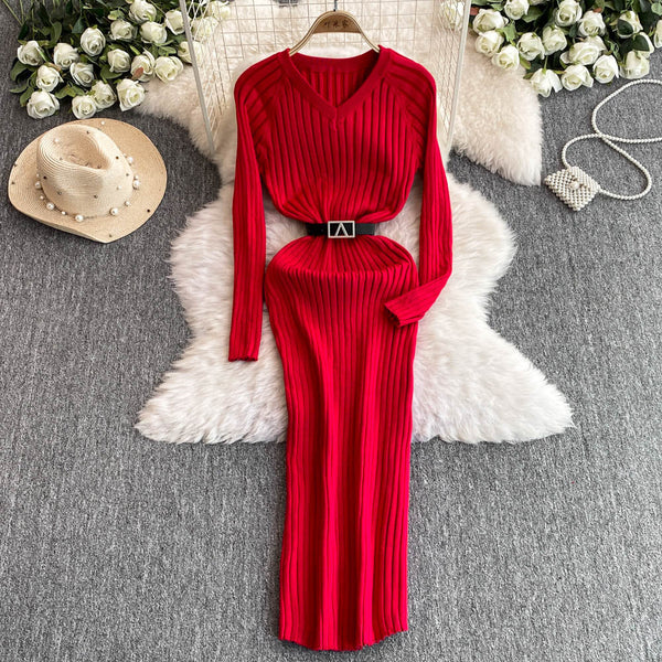 V-neck Elastic Knitted Dress with Belt