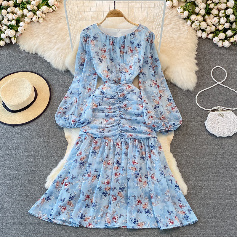 Elegant Round Collar Floral Chiffon Dress
