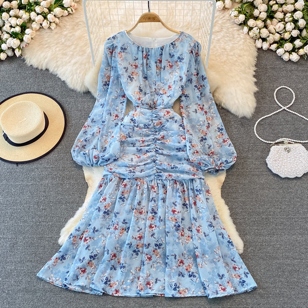 Elegant Round Collar Floral Chiffon Dress