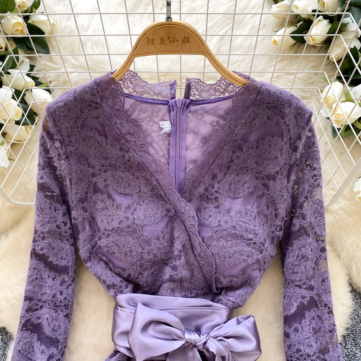 V-neck Embroidered Flocked Lace Dress