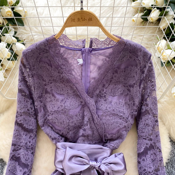 V-neck Embroidered Flocked Lace Dress