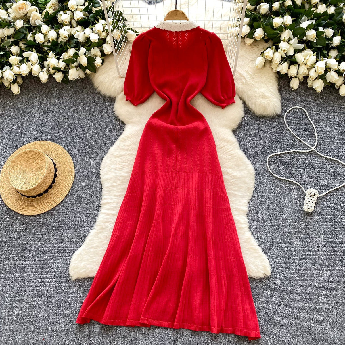 Doll Collar Single-breasted Knit Dress