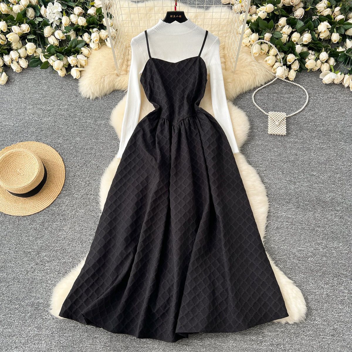Jacquard Dress&Black Sweater Courtly 2Pcs