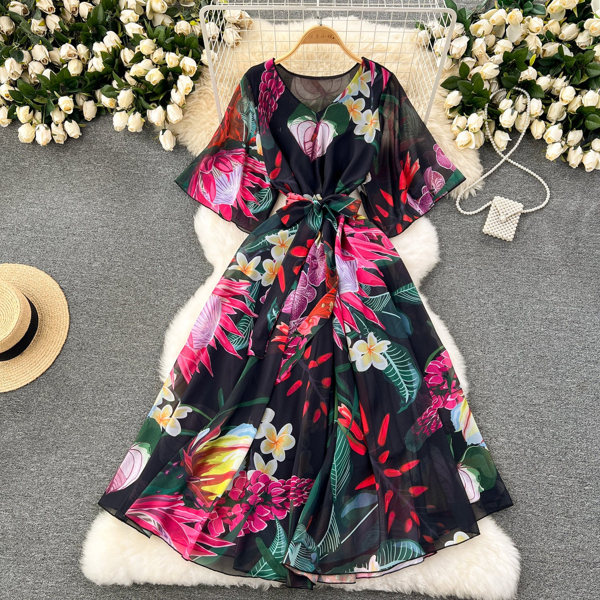 Floral Printed Loose-fit Chiffon Dress