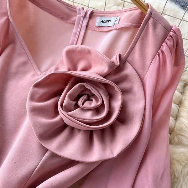 3D Flower Pleated Pink Dress
