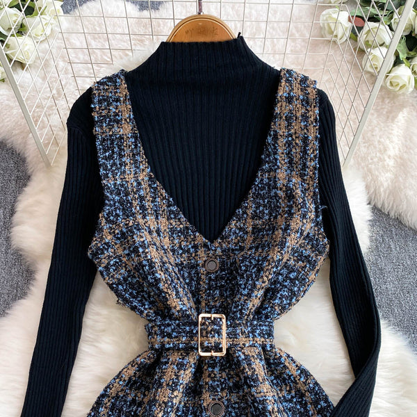 Black Sweater & Plaid Tweed Dress 2Pcs