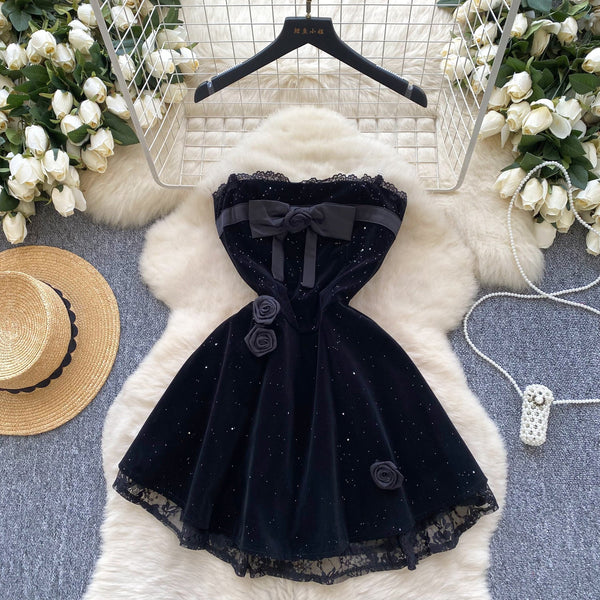 3D Rose Lace Patchwork Suede Dress