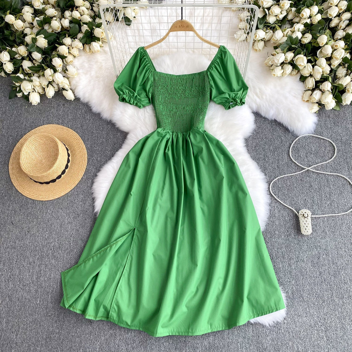 Mori Solid Color Waist-slimming Puffy Dress