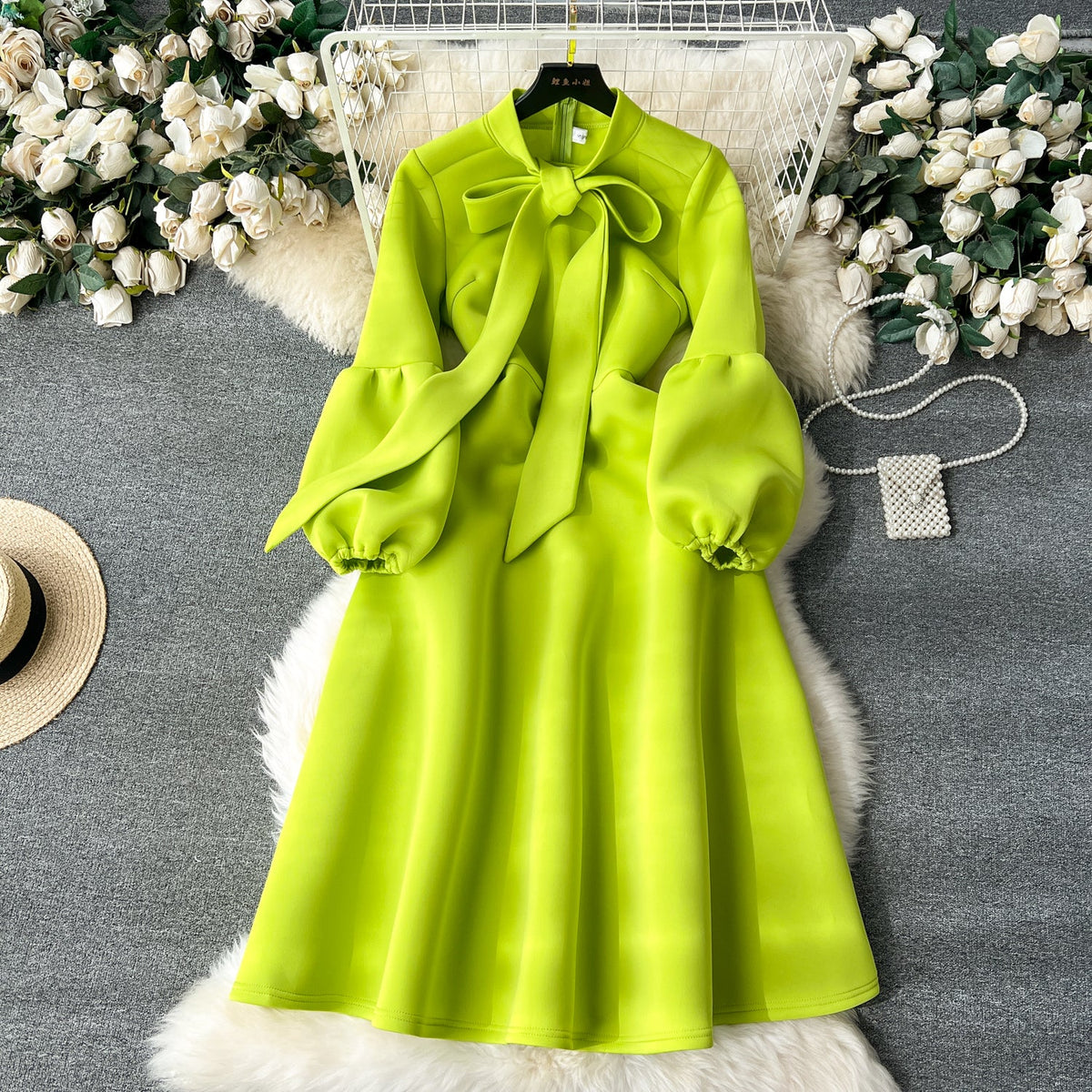 Bow-tie Solid Color Ruffled Dress