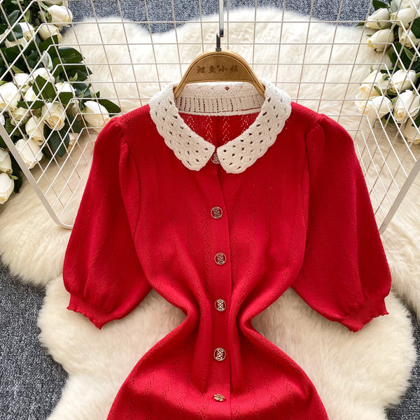 Doll Collar Single-breasted Knit Dress