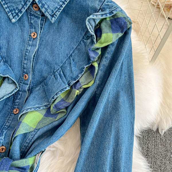 Niche Plaid Patchwork Denim Dress