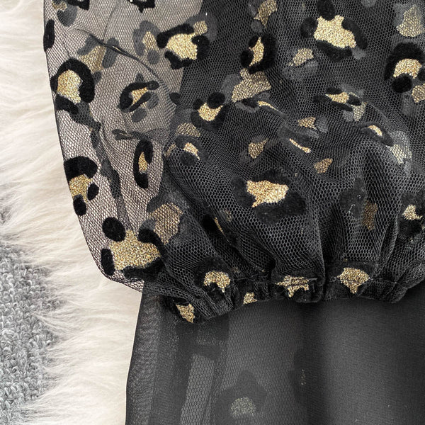Leopard Printed Mesh Patchwork Black Dress