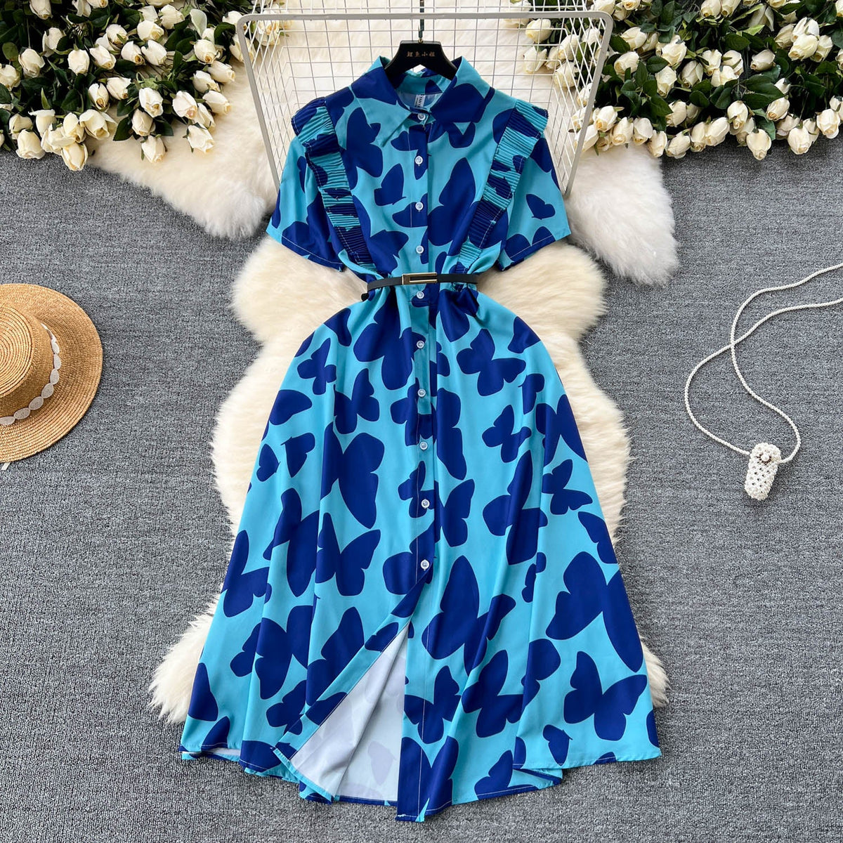 Niche Ruffled Printed Shirt Dress