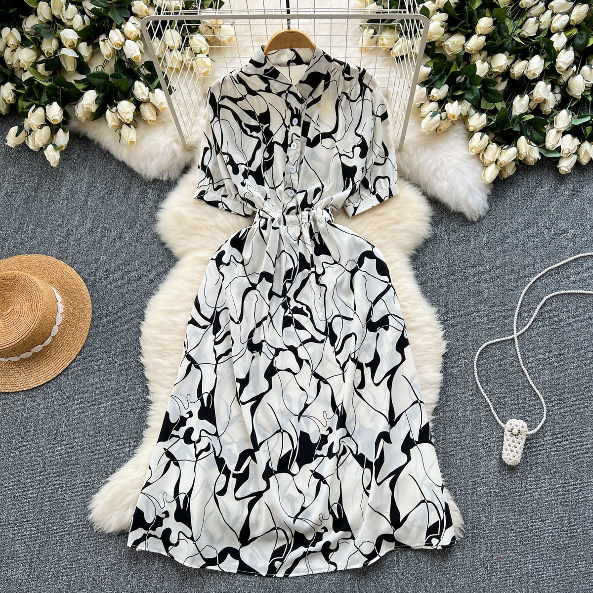 Geometric Printed Single-breasted Shirt Dress