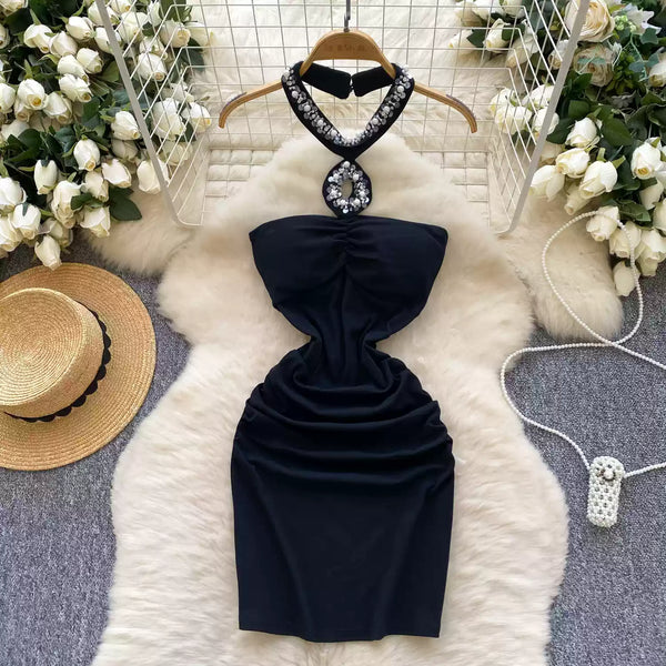 Elegant Slim-fit Beaded Halter Dress
