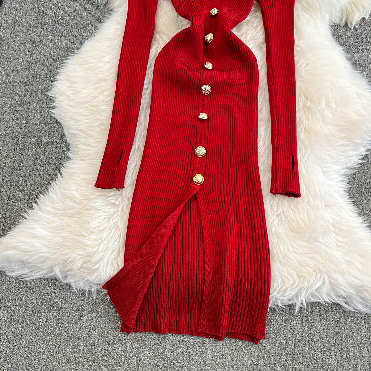 Vintage Off-shoulder Knitted Split Dress