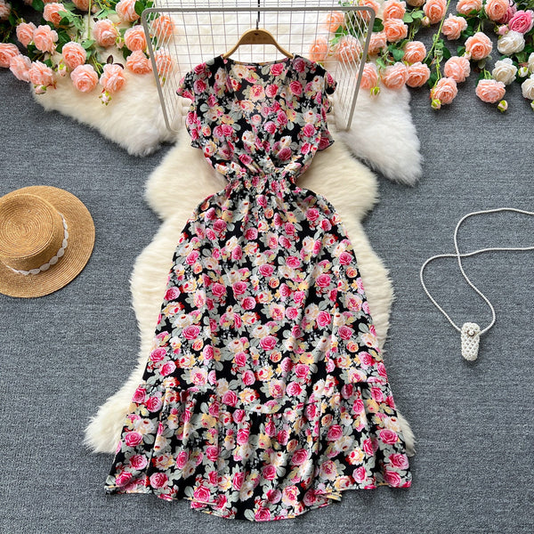 V-neck Elastic Waist Floral Dress