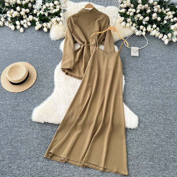 Lace-up Suit Blazer&Slip Dress 2Pcs