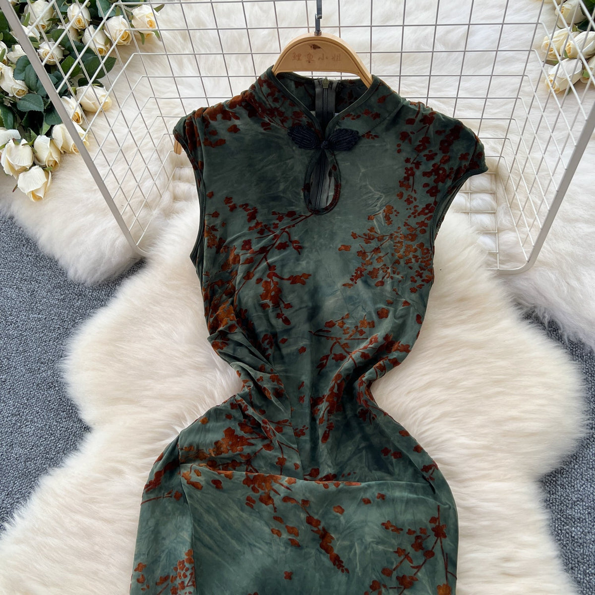 Vintage Tie-dye Çiçekli Hollowed Cheongsam