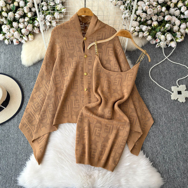Loose Shawl&Slip Dress Embroidered 2Pcs