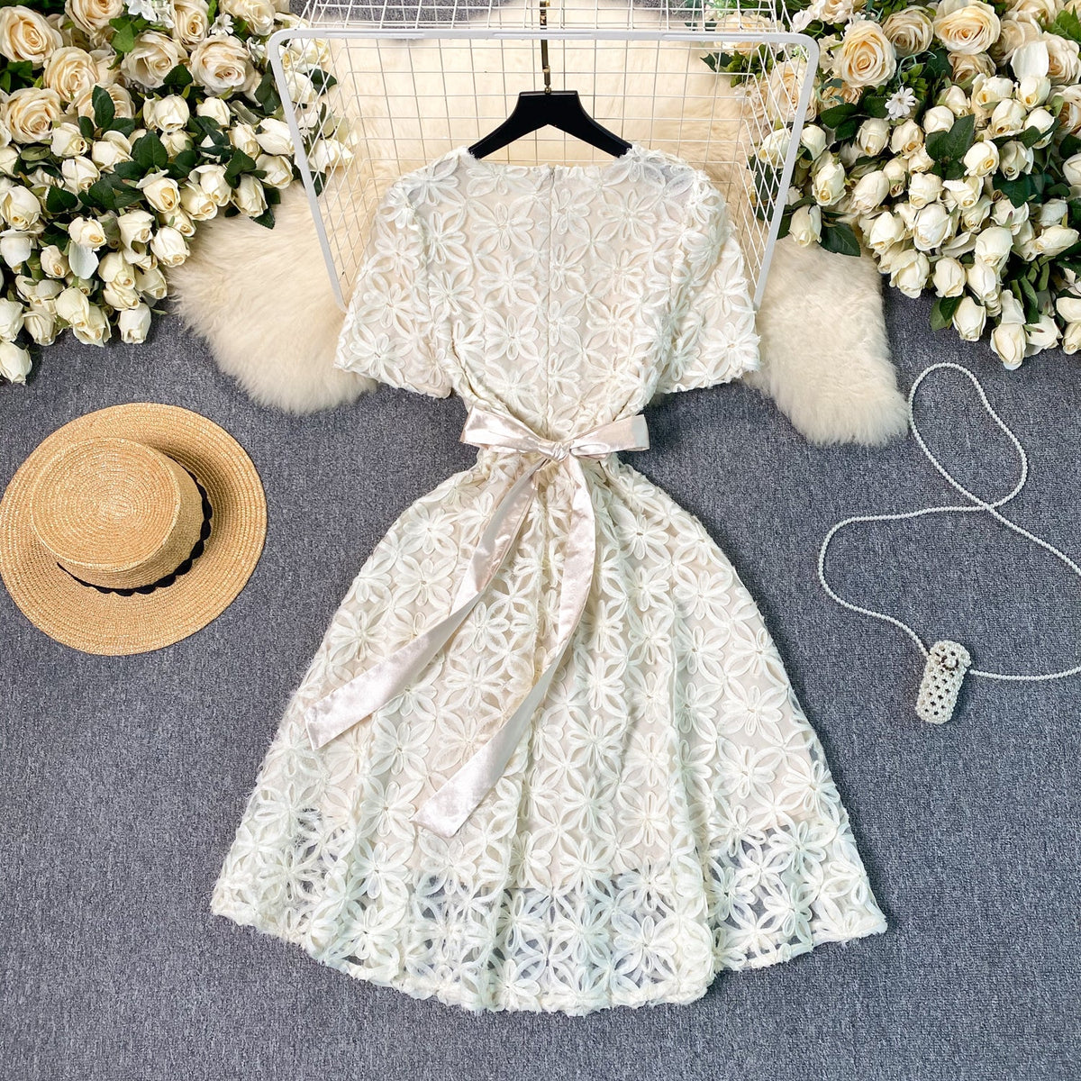 High-end Floral Embroidered White Dress