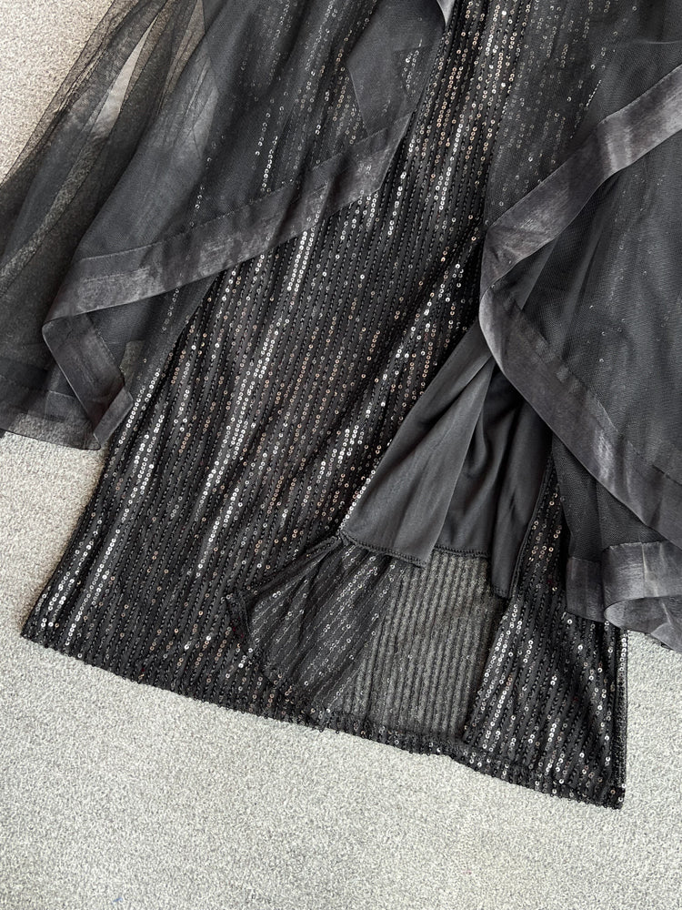 Ruffled Neckline Black Sequined Party Dress