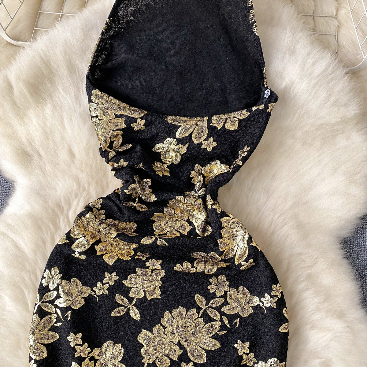 Sexy Gold Stamped Floral Black Dress