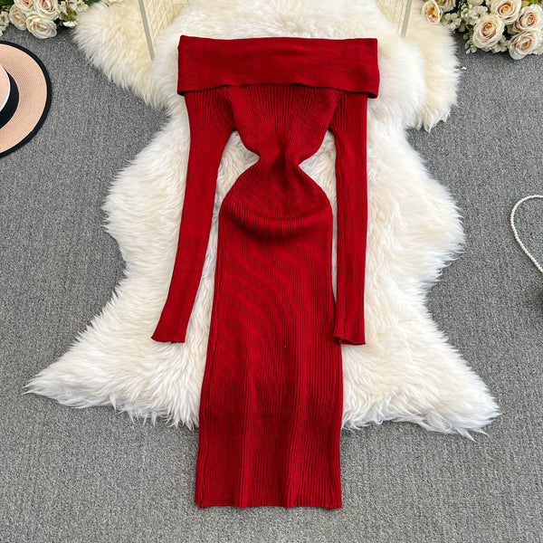 Vintage Off-shoulder Knitted Split Dress