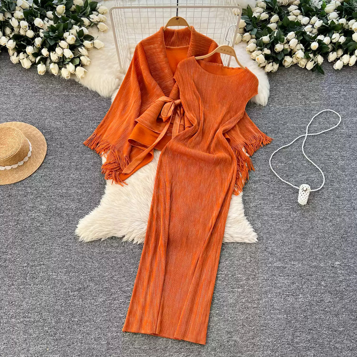 Beaded Fringed Cardigan & Vest Dress 2Pcs
