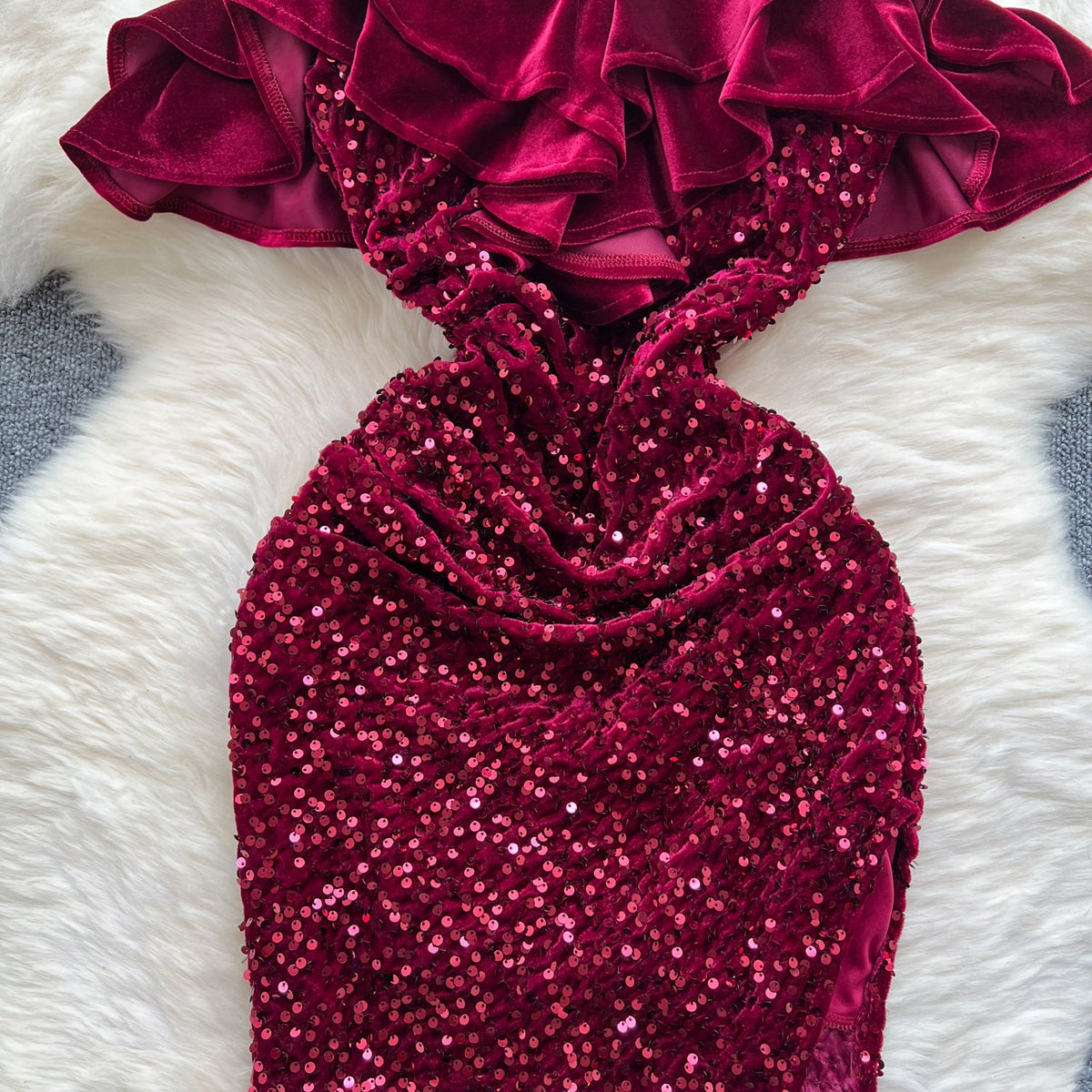 Ruffled Neckline Sequined Velvet Dress