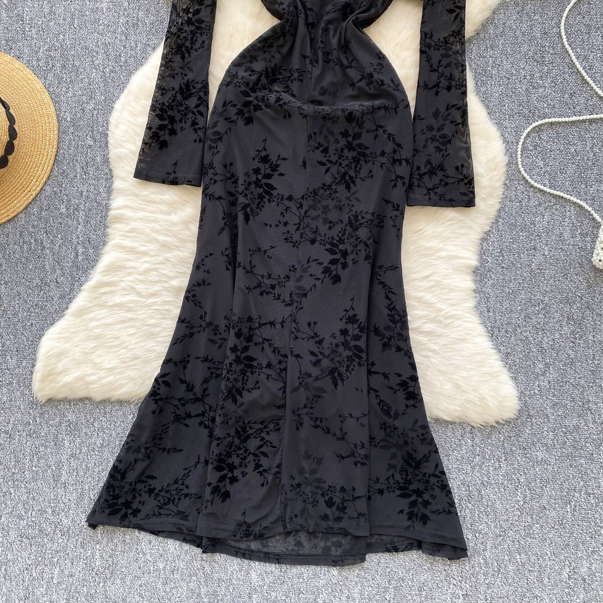 Mesh Cape & Embroidered Black Dress 2Pcs