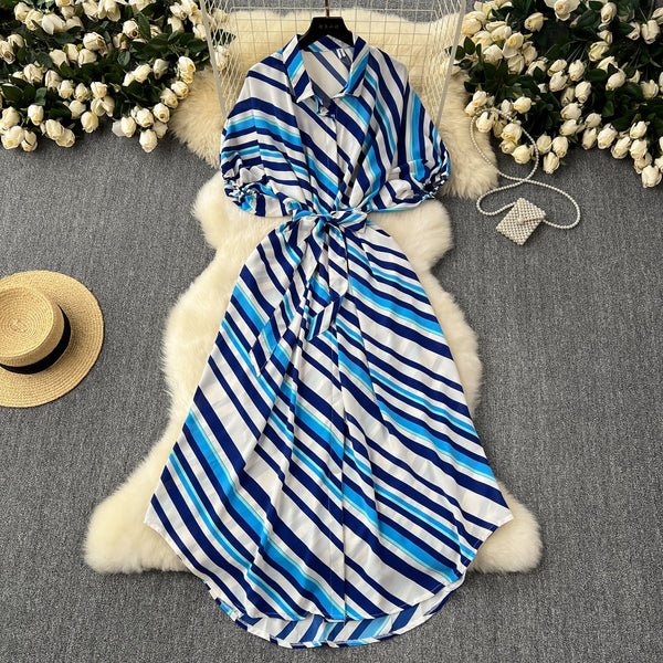 Colorful Slant Striped Shirt Dress