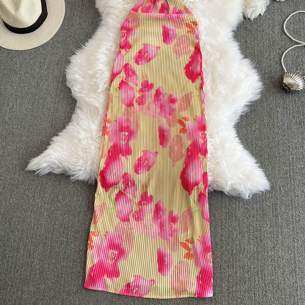 Off-shoulder Floral Print Pleated Dress