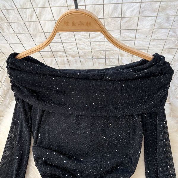 Off-shoulder Sequined Black Dress