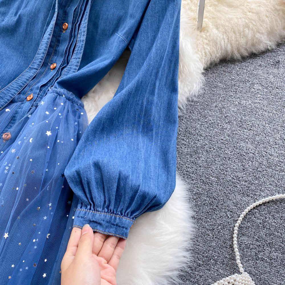 Niche Mesh Patchwork Denim Shirt Dress